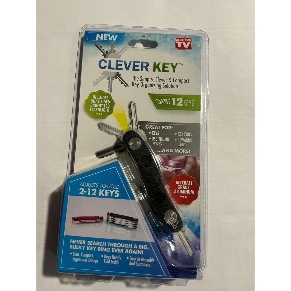 Clever Key As Seen On TV Key Organizer Black Aluminum with LED Flashlight New
